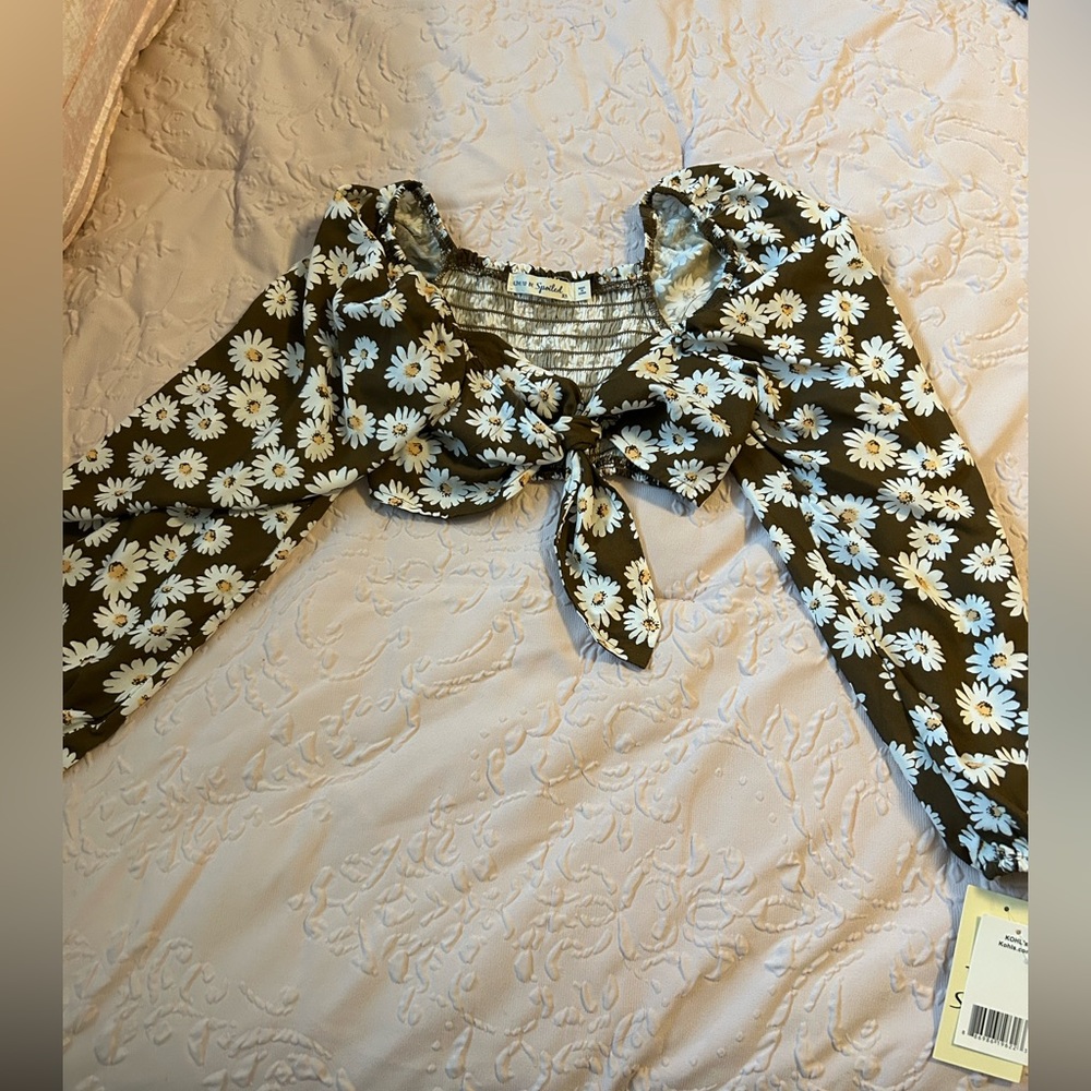Daisy Flowers and Brown Colored Tie CropTop
